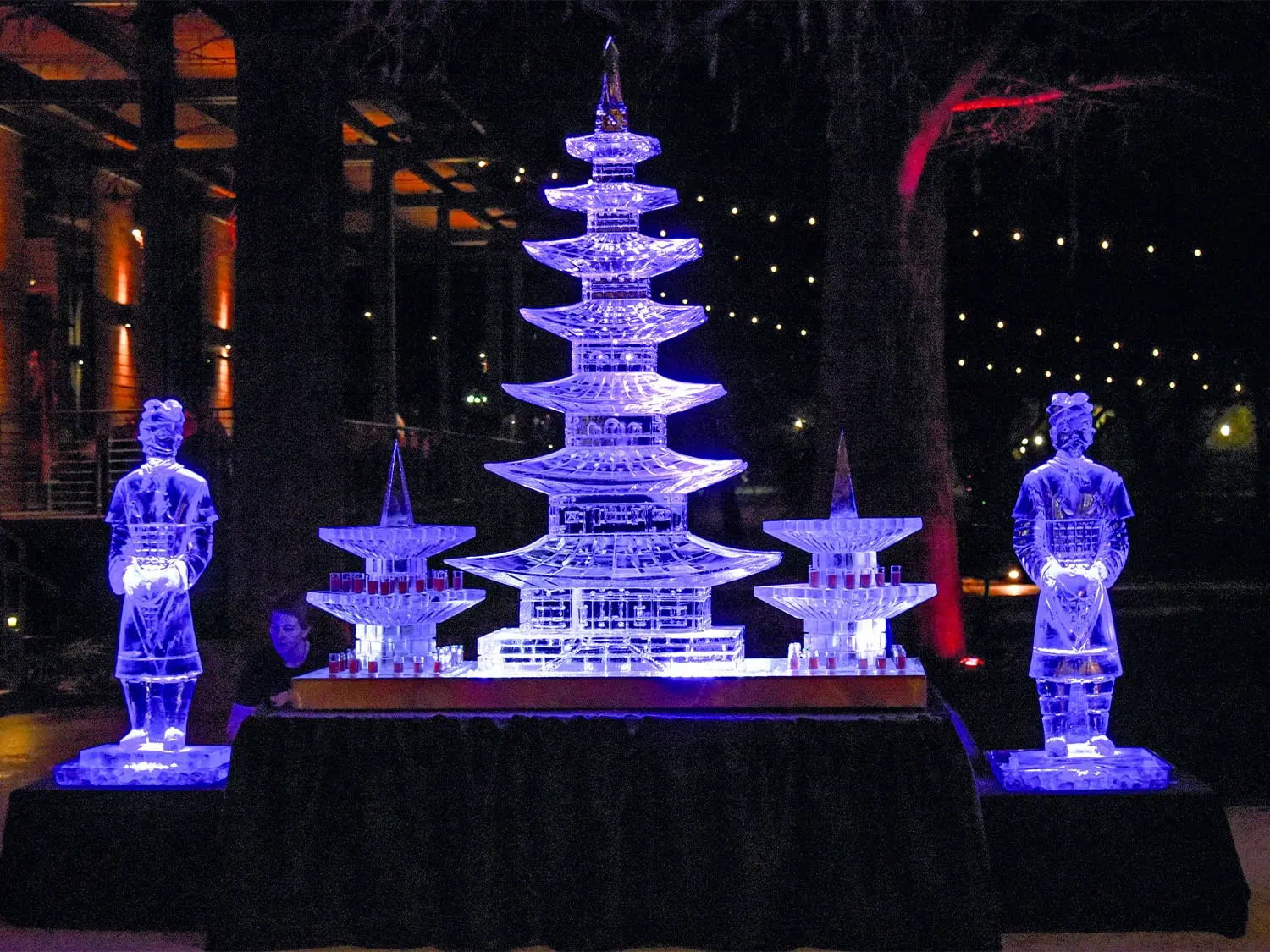 An elaborate ice sculpture depicting a samurai warrior, reflecting Japanese artistry and precision.